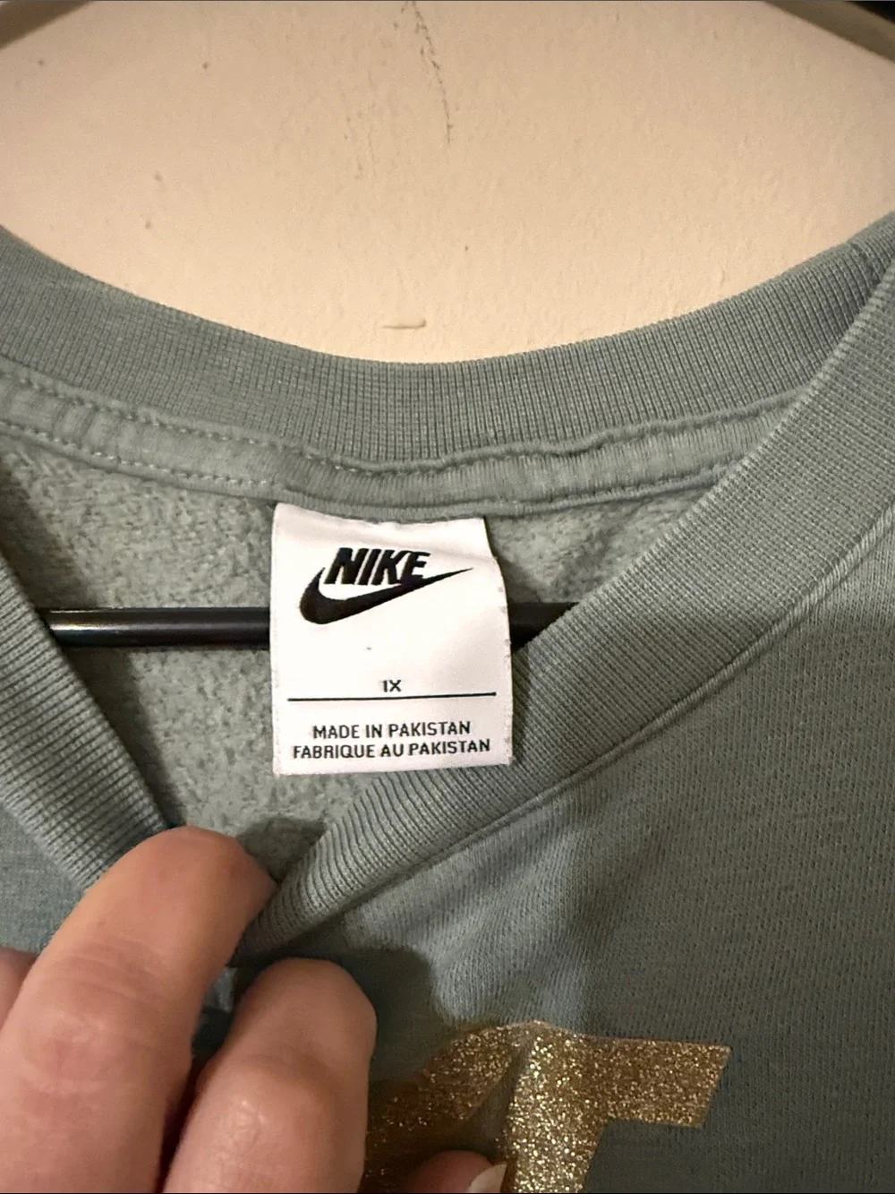 Nike Sage Green Crewneck Sweatshirt with Metallic Gold Swoosh